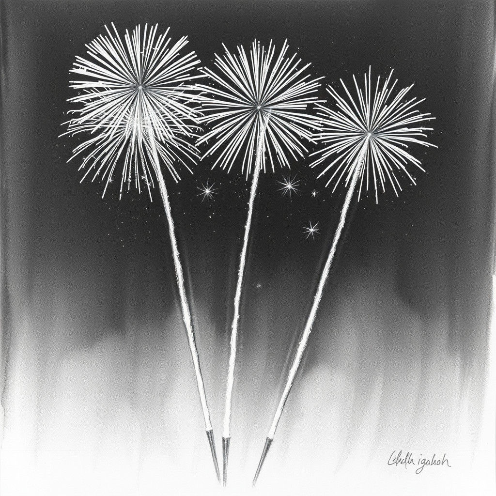 Fireworks Lighting Night Sky in Charcoal Drawing