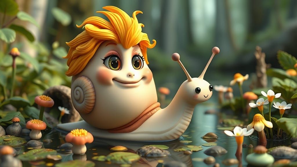 Whimsical Snail Creature in 3D Cartoon Style