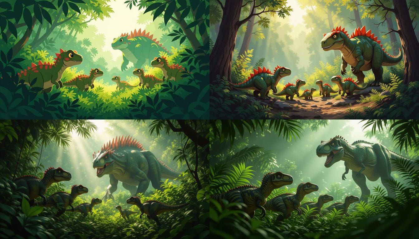 Dinosaur Ambush: Tiny Reptiles Hide from Giant Predator