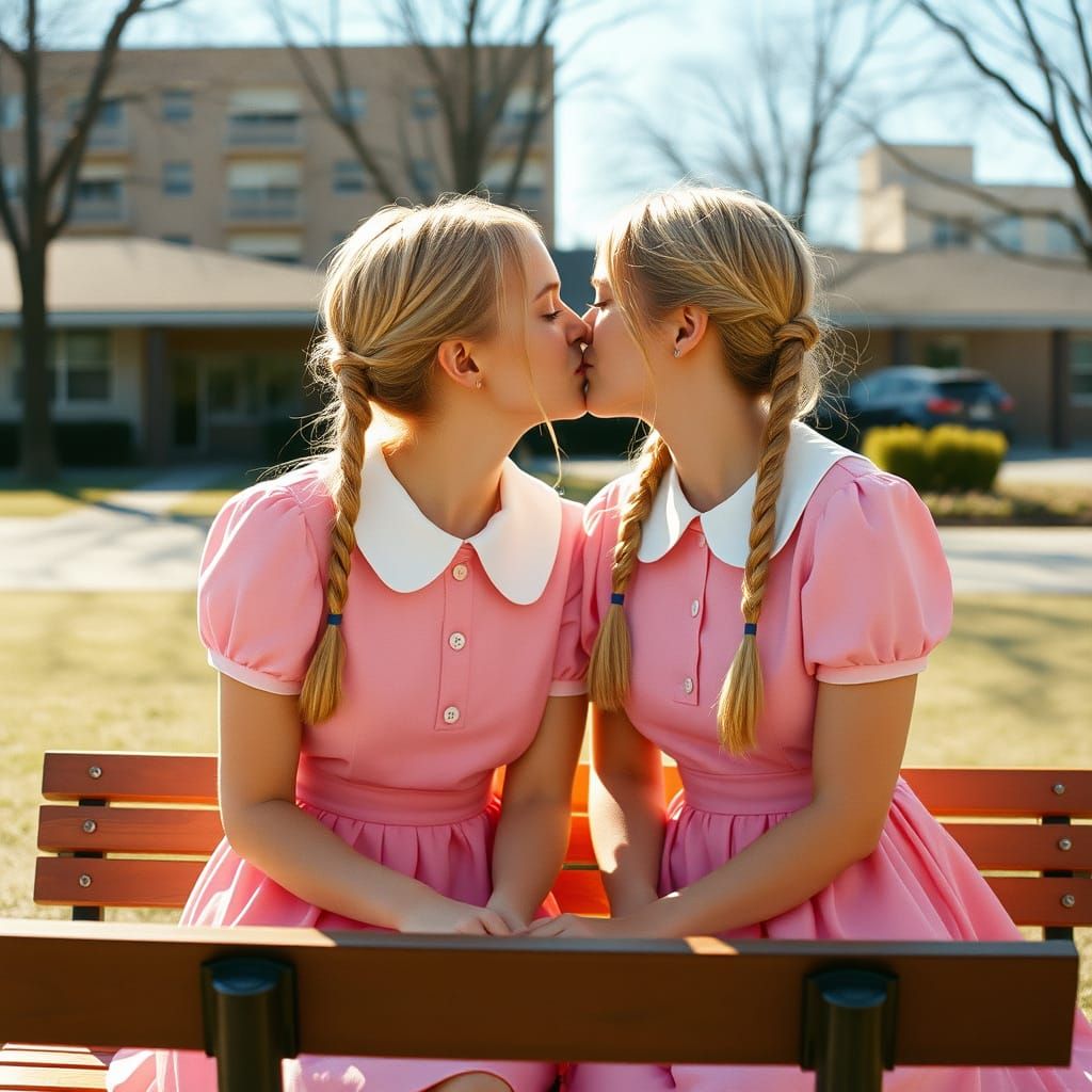 Romantic Kiss in Sun-Drenched Schoolyard, Cinematic Style