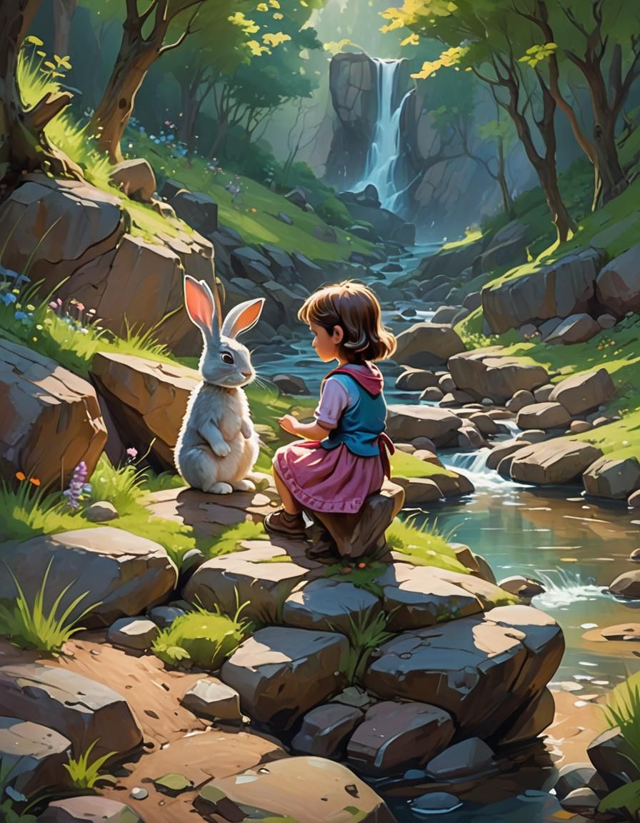 Girl and Rabbit by Stream: Pixar-Inspired Concept Art