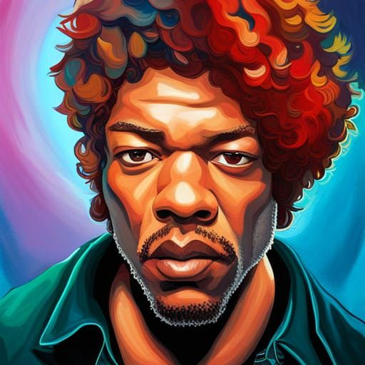 Jimi Hendrix Portrait in Hyperrealistic Splash Art