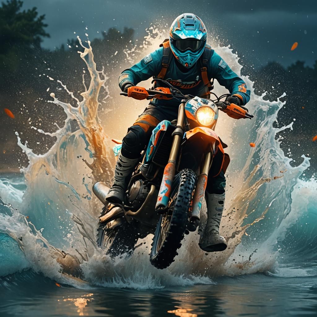 Dirt Bike Ripping Through Water: Fantasy Concept Art