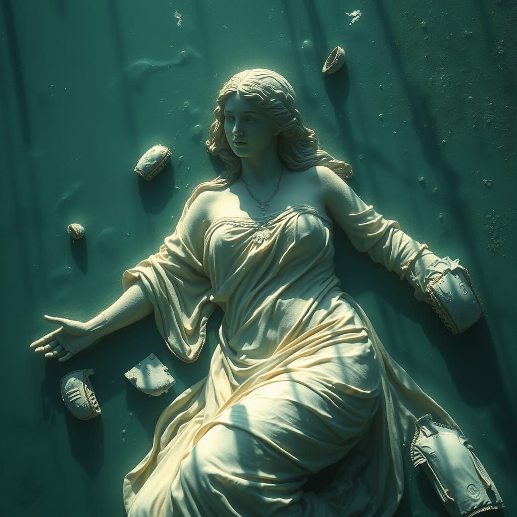Fragmented Woman Statue on Ocean Floor in Digital Painting S...