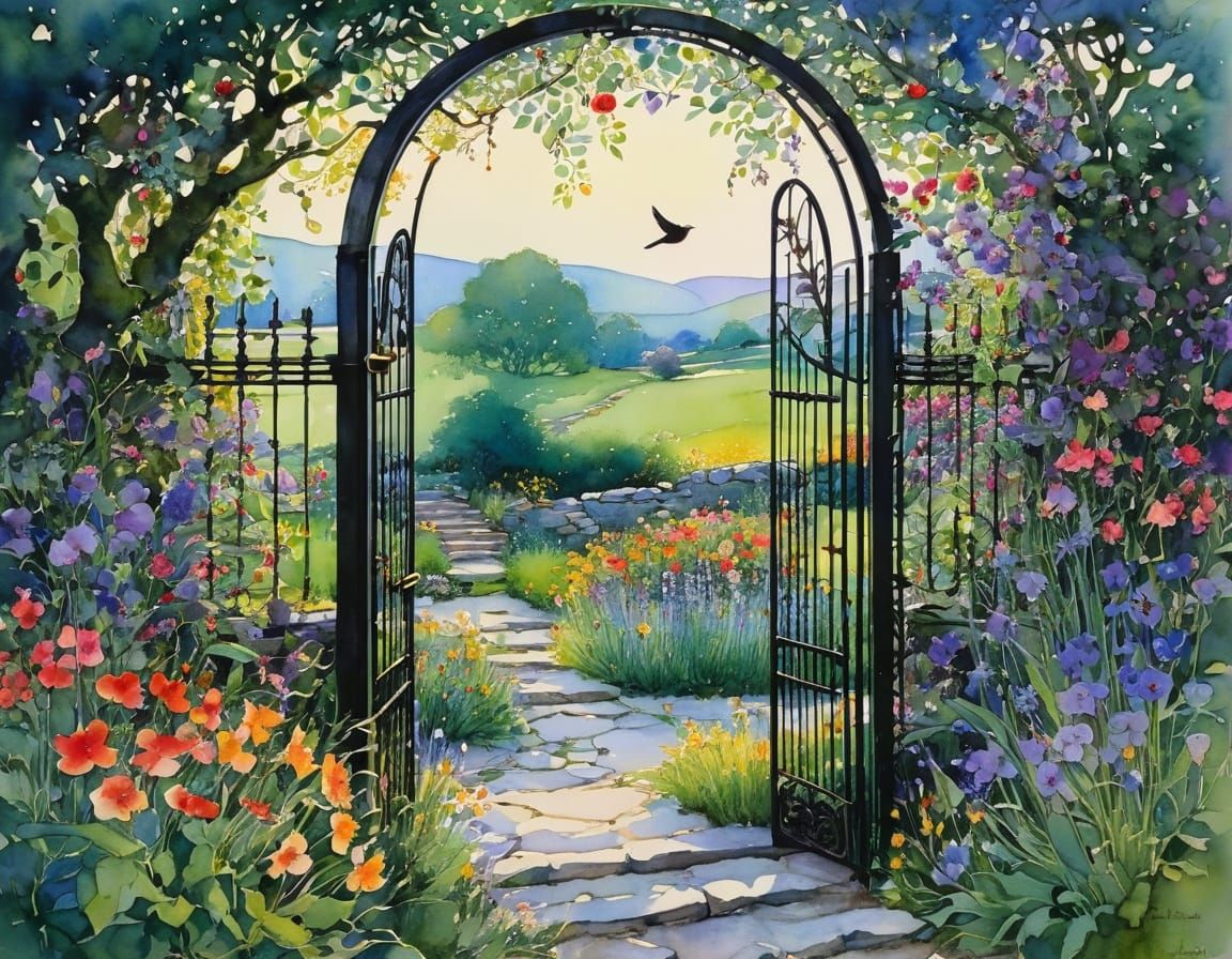 Enchanting Garden View Through Gate, Watercolor Style