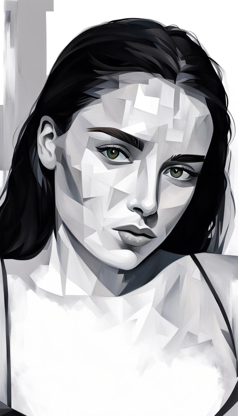 Abstract Cubist Portrait of Young Woman in Picasso Style