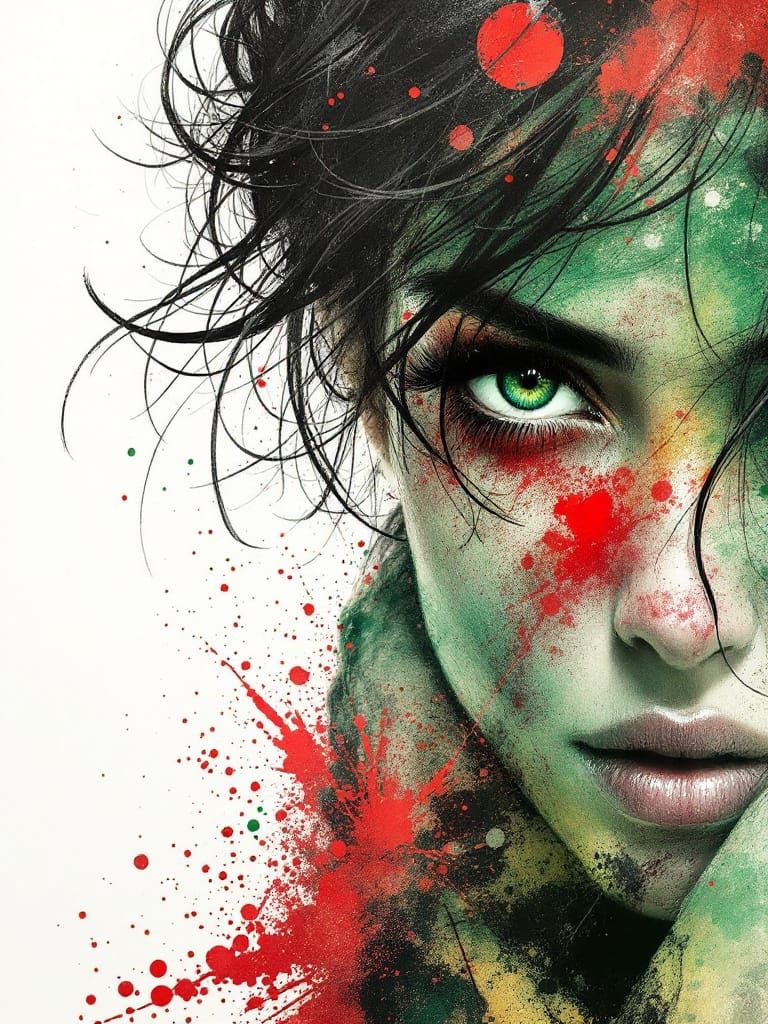 Palestinian Woman Portrait in Red and Green Ink