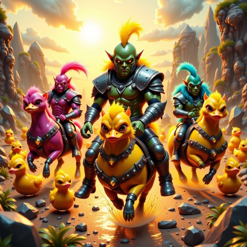 Vibrant Orcs Jousting in Whimsical World of Rubber Duckies