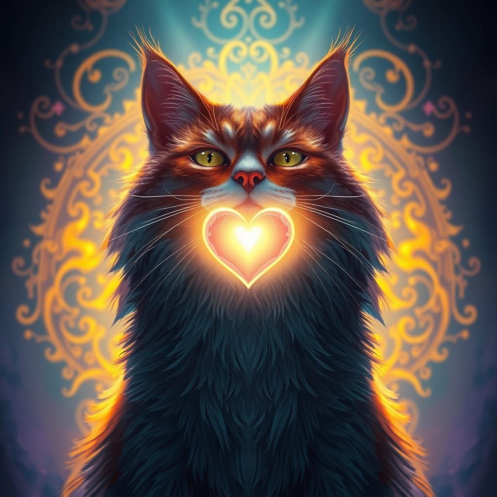 Glowing Heart Feline in Vibrant Dreamworld