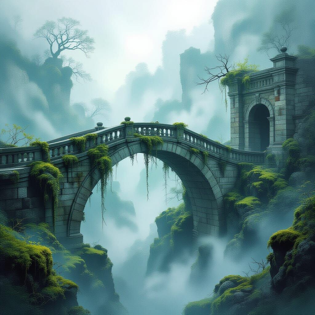 Ancient Stone Bridge in Ethereal Watercolor Mist