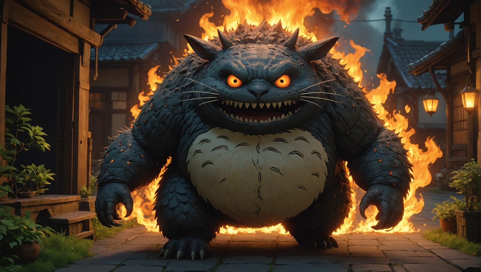 Immersive Realism Fire Monster in Ghibli Style