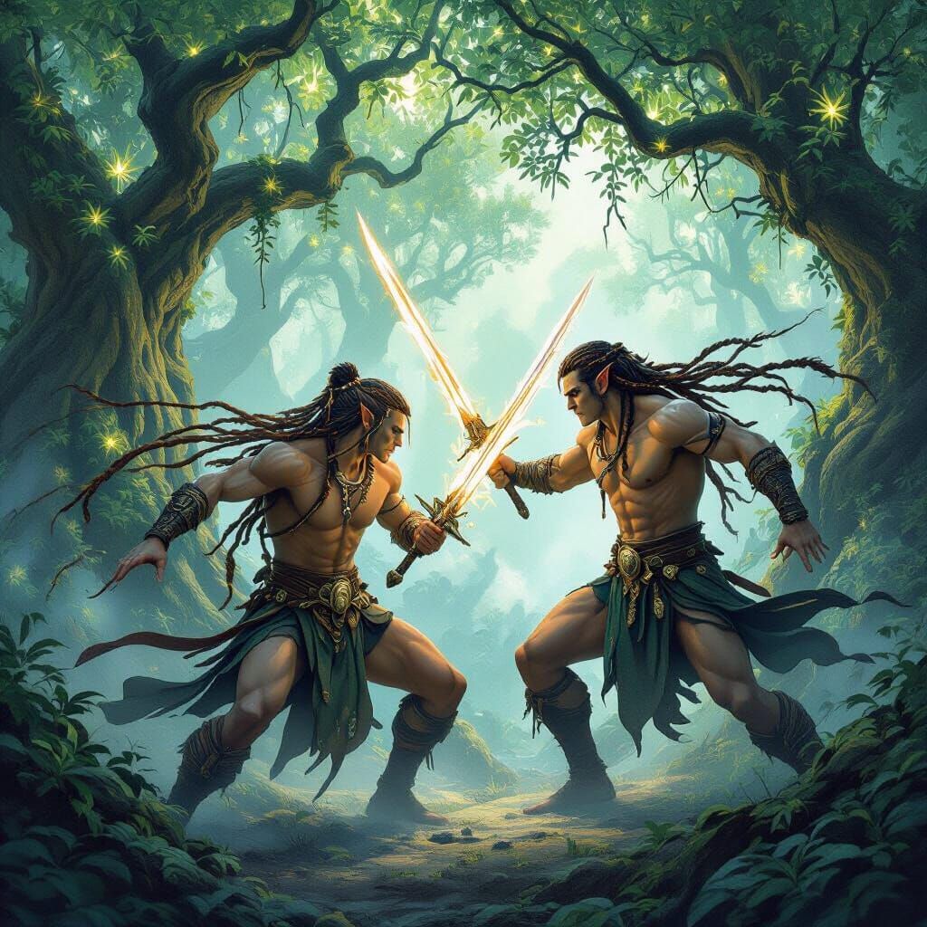 Shirtless Elven Warriors Battle in Mystical Forest