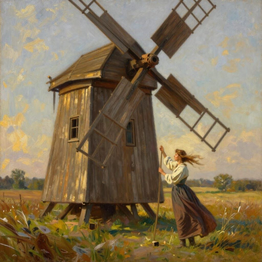 Oil Painting of Woman Working at Old Windmill in Golden Sunl...
