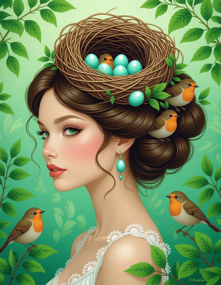 Woman's Hair Styled as Bird's Nest with Robin Eggs