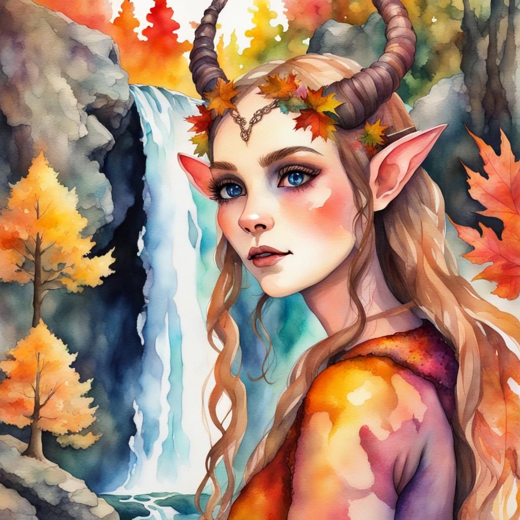 Faun and Elf by Waterfall in Watercolor Style