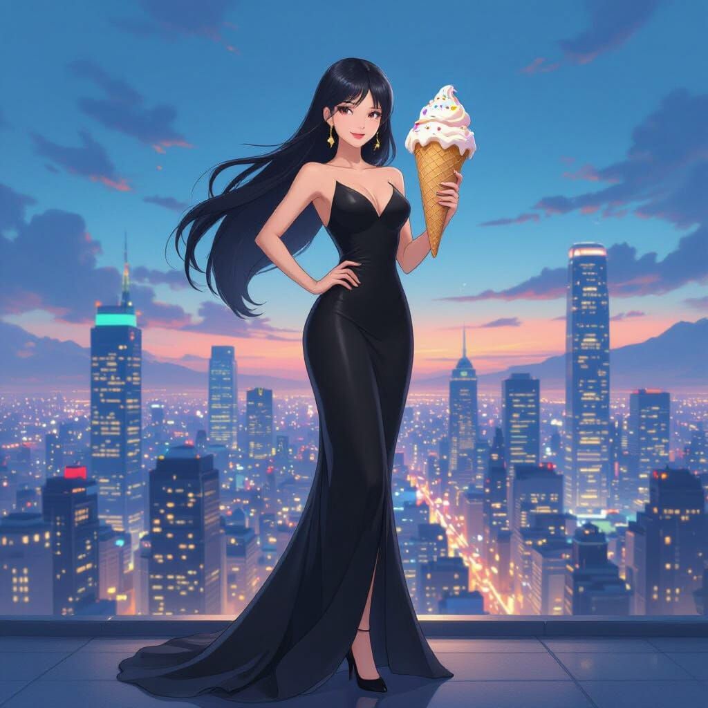 Giantess Enjoys Ice Cream in Twilight Cityscape
