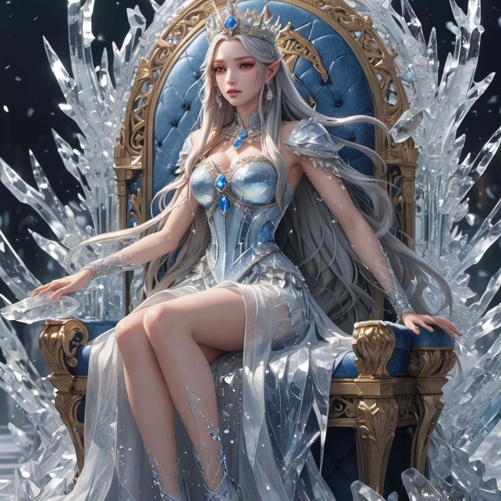 Ice Goddess on Throne: Detailed 3D Anime Art