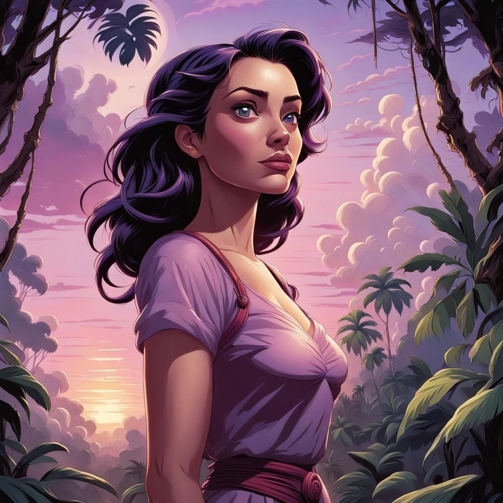 Beautiful Woman in Jungle Sunrise, Disney Animation Style