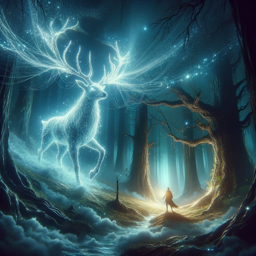 Stardust Stag Leads Traveler Through Enchanted Forest