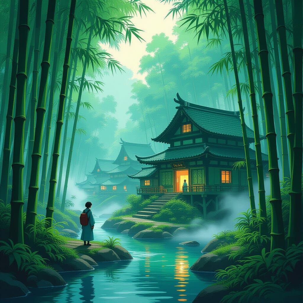 Mystical Village in Bamboo Forest, Anime Style