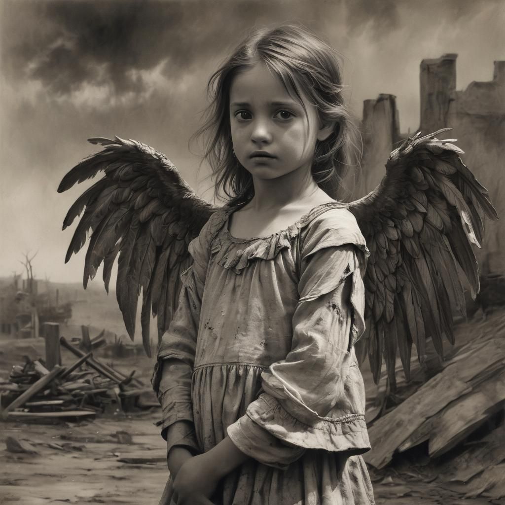 Little Girl Holds Wounded Angel in Desolate War-Torn Landsca...