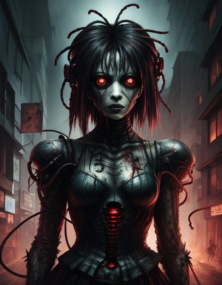 Surreal Horror Artwork of Tomie with Parasite in Cyberpunk S...