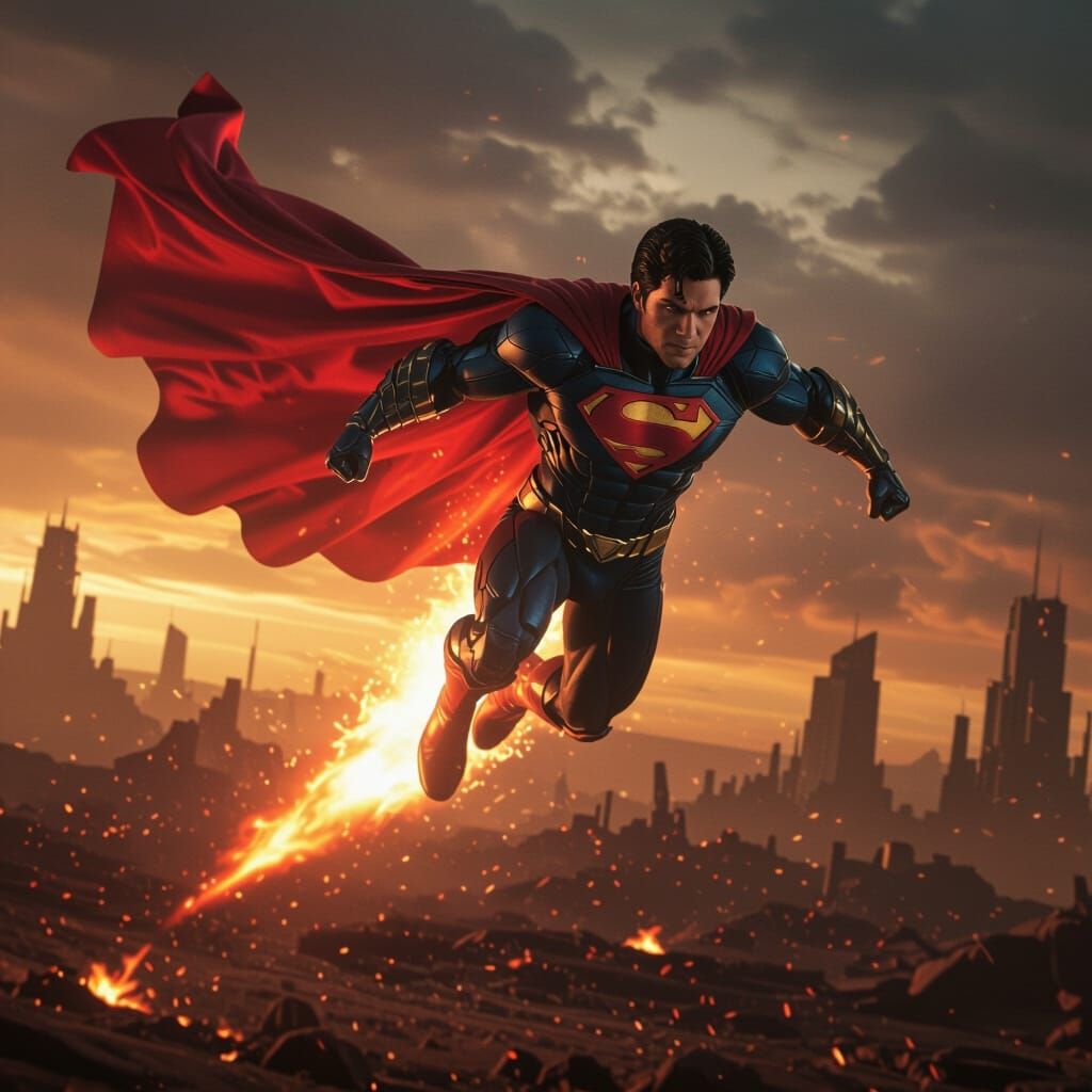 Superboy Prime Flies Over Apokolips in Hyper-Realistic Style