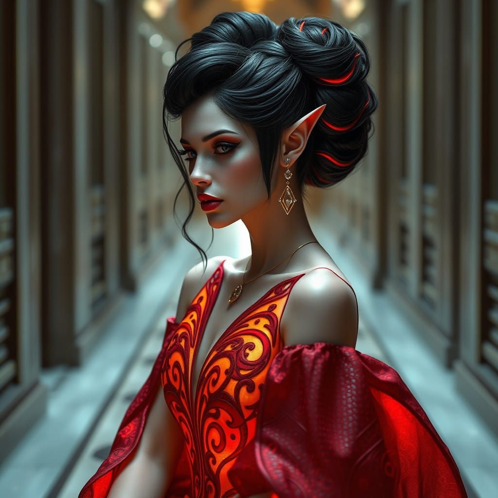 Gothic Fire Elf Woman in Regal Headdress