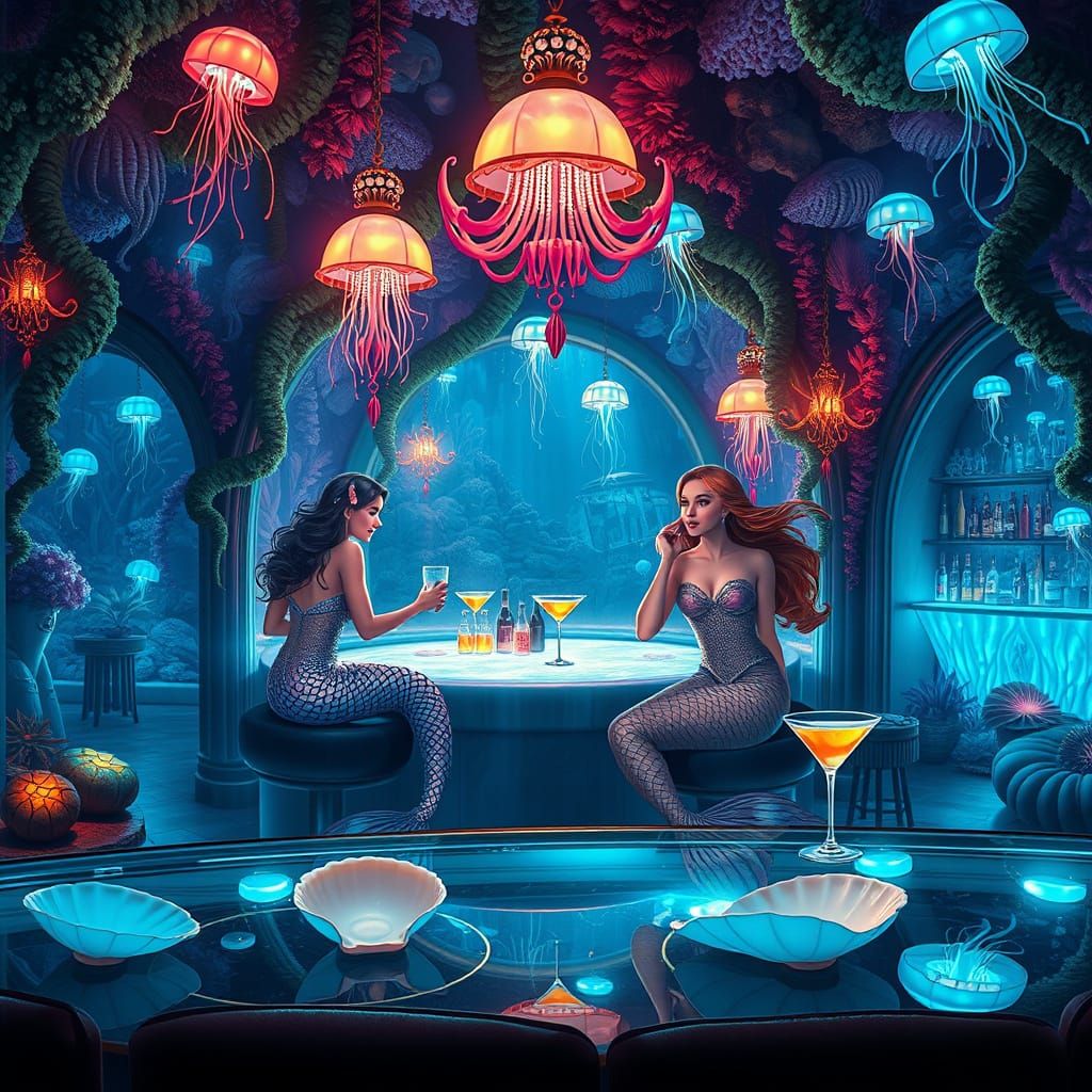 Underwater Speakeasy with Merfolk in Hyperrealistic Style
