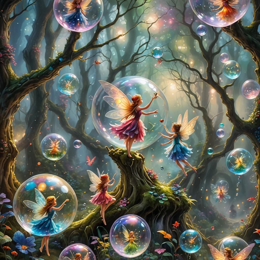 Fairies in Bubbles in Enchanted Forest, Ethereal Art