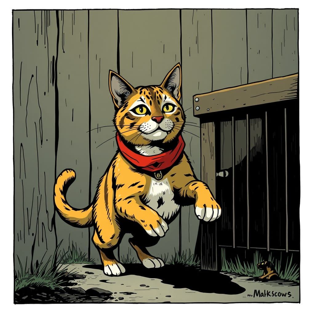 Cat Sneaking Past Kennel in Comic Book Art Style