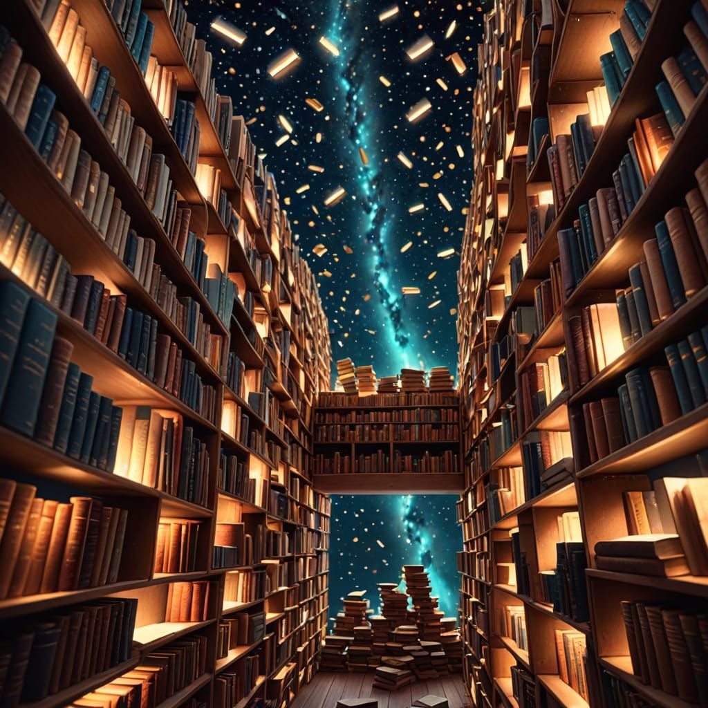 Endless Bookshelves with Glowing Constellations in Surreal S...