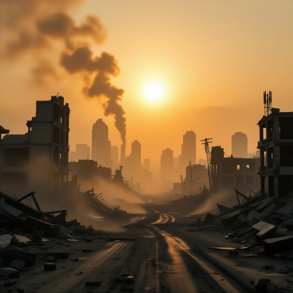 Post-Apocalyptic Cityscape: Desolate Ruins Under Dust-Filled...