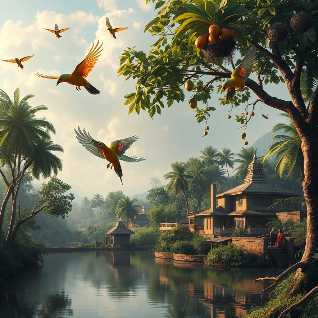 Tranquil Lakeside Village with Birds in Flight