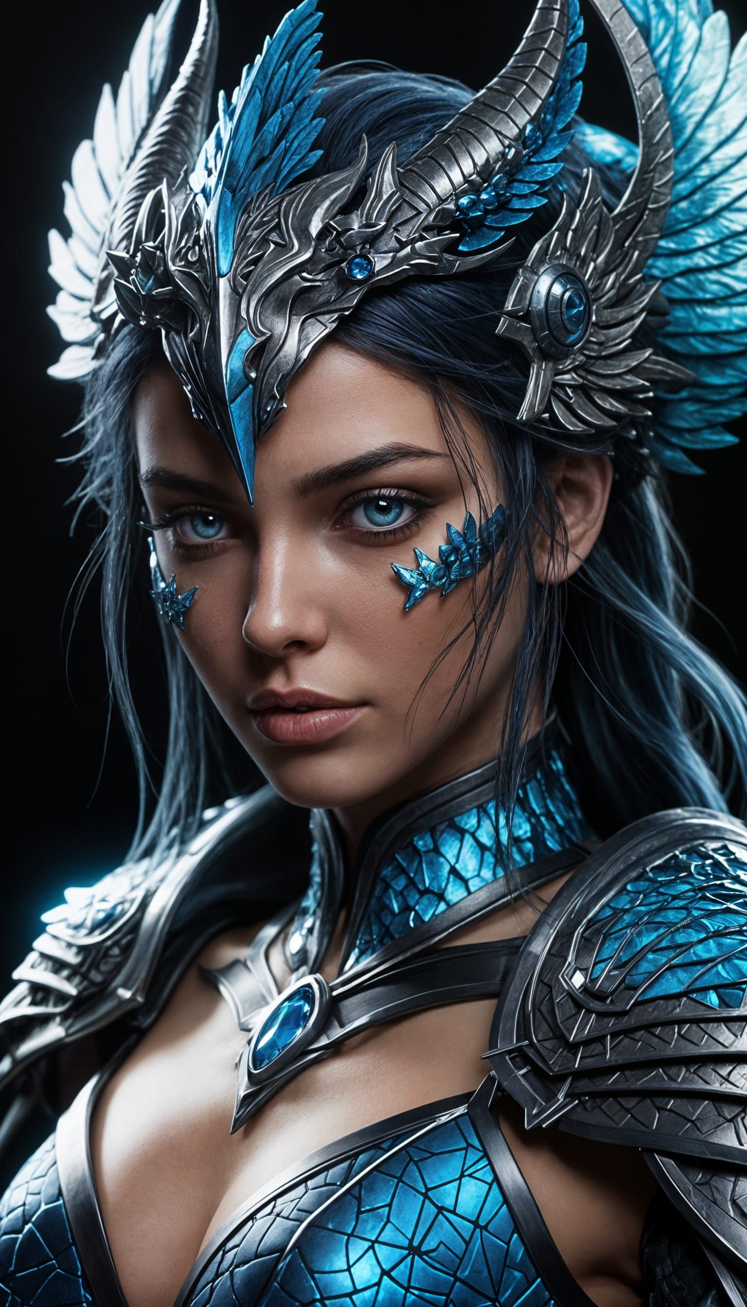 Female Warrior with Blue Fan in Unreal Engine Style