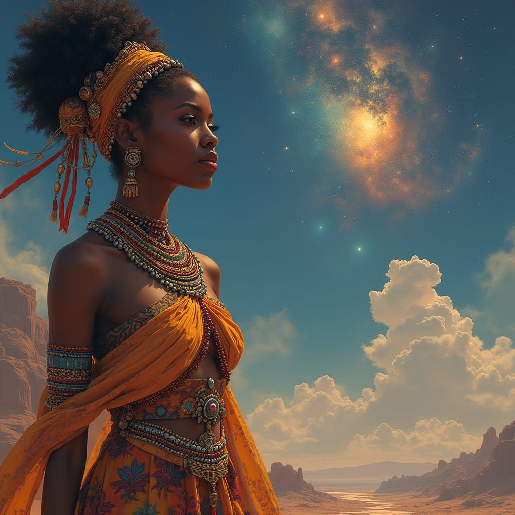 Yoruba Princess on Celestial Platform in Afrofuturist Style