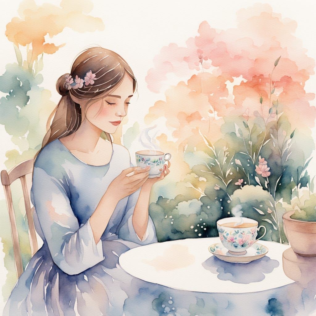 Whimsical Watercolor Garden Scene with a Steaming Teacup