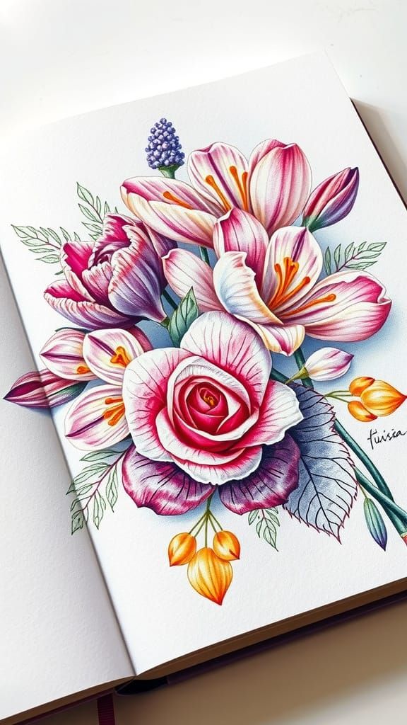 Botanical Roses and Crocuses in Colored Pencil