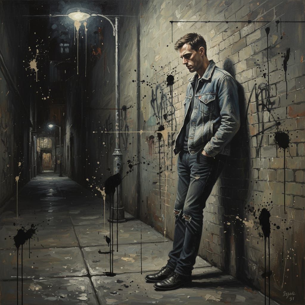Isolated Man in Alleyway: Oil on Canvas
