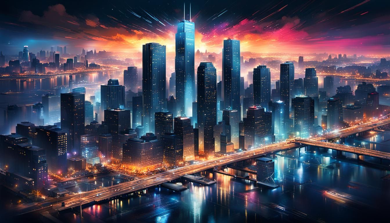 Dramatic City Night in Hyperrealistic Splash Art