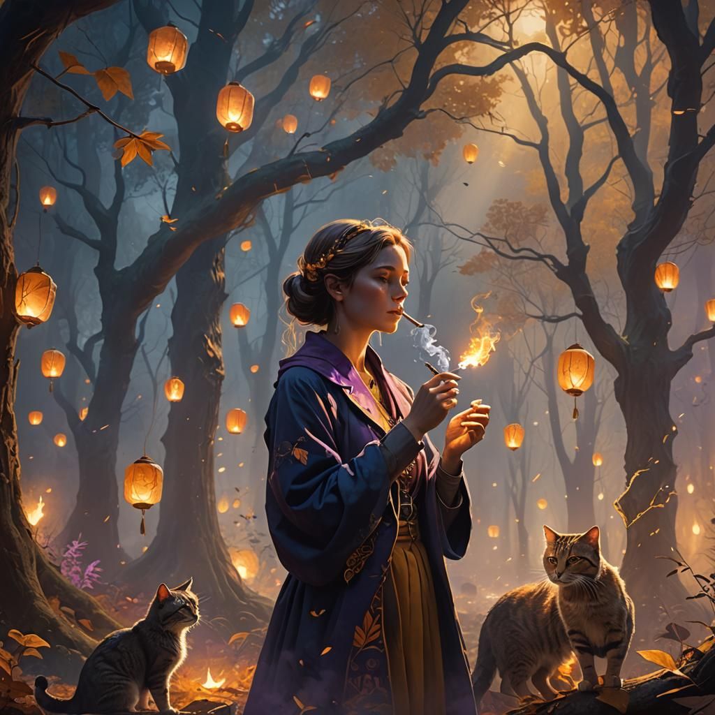 Mystical Forest: Woman Smoking with Cat Smoke