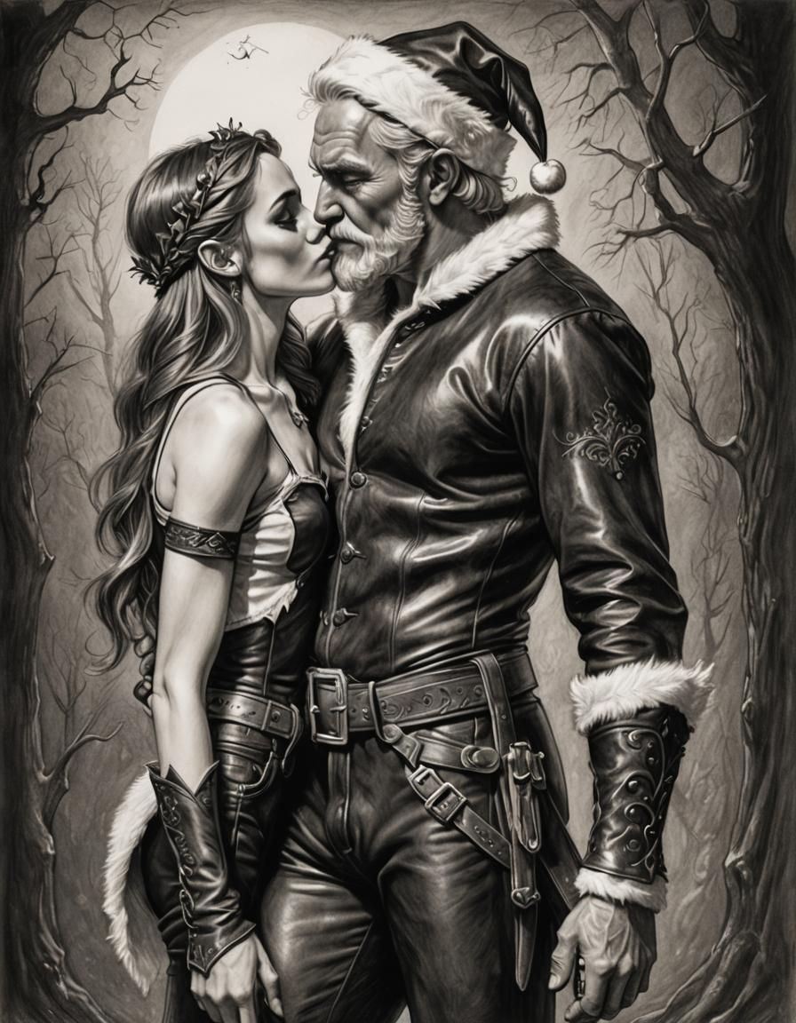 A shirtless in shape Santa Clause dressed in leather chaps k...