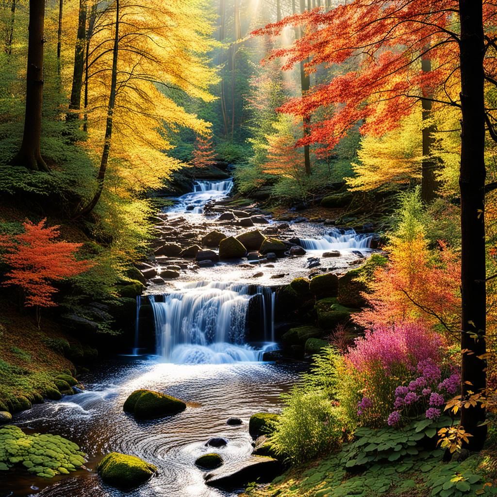 Sunlit Autumn Forest with Waterfall and Flowers
