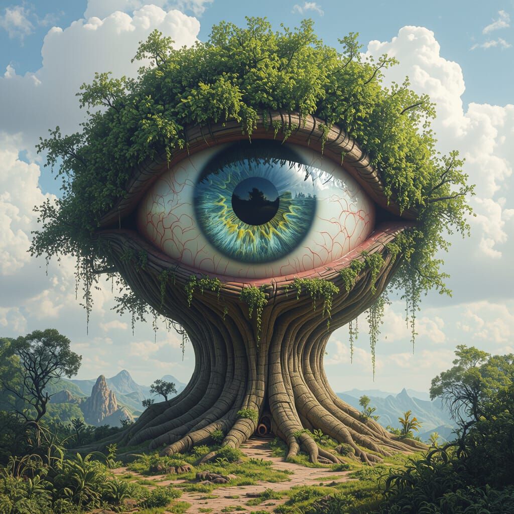 Surreal Eyeball Emerges from Giant Tree