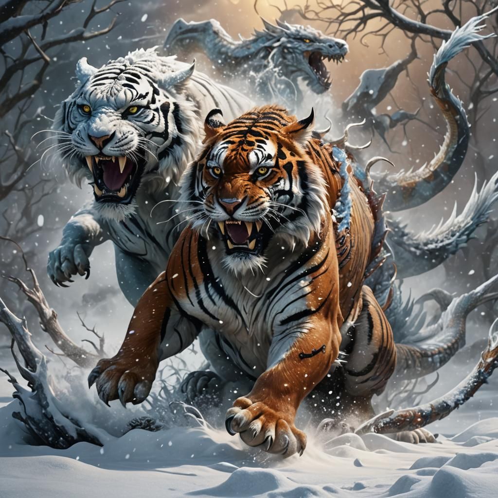 Tiger vs Dragon in Snowy Fantasy Art
