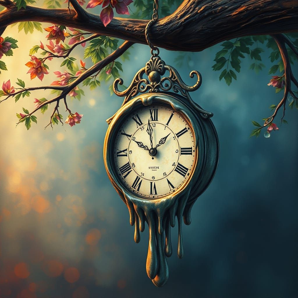 Melting Clock on Branch: Ethereal Fantasy Art