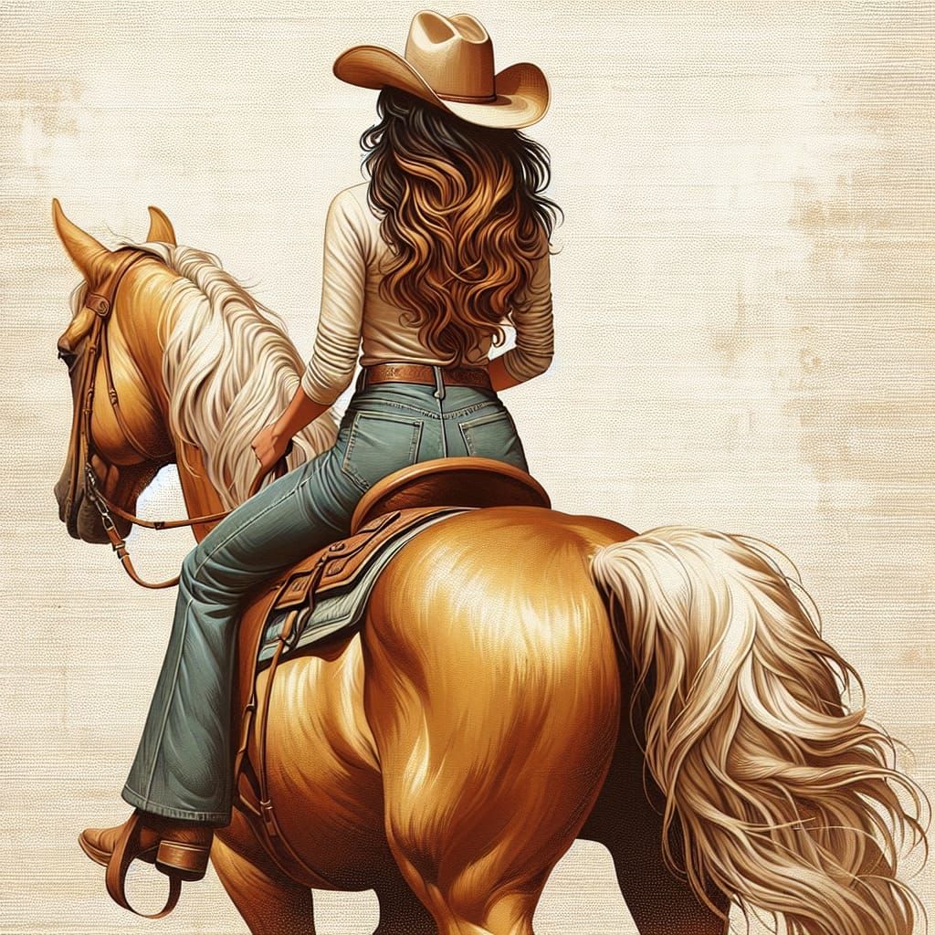 Cowgirl Rides Palomino Horse in Sunset Landscape