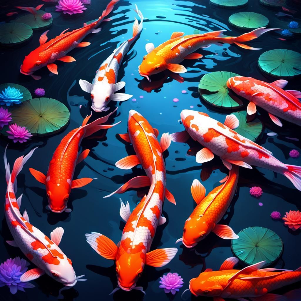 Cyberpunk Koi in a neon pond. The Koi fish have glowing, neo...