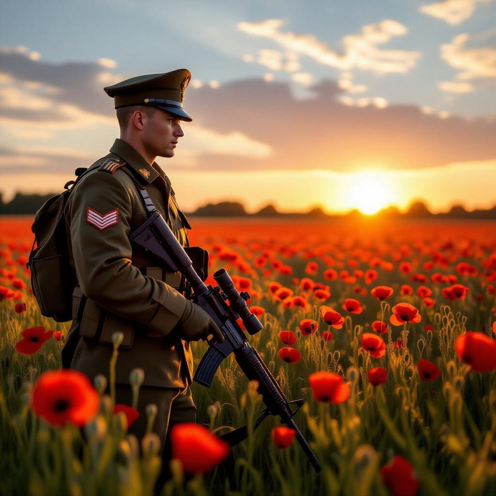 Photorealistic Soldier in Poppy Field at Sunset