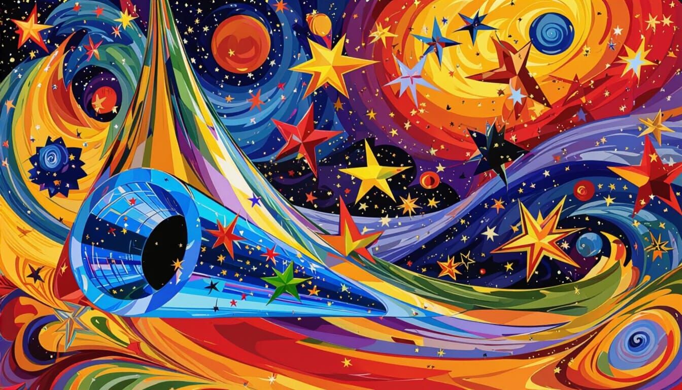 Surreal Cosmos Reflected in Metallic Cylinder